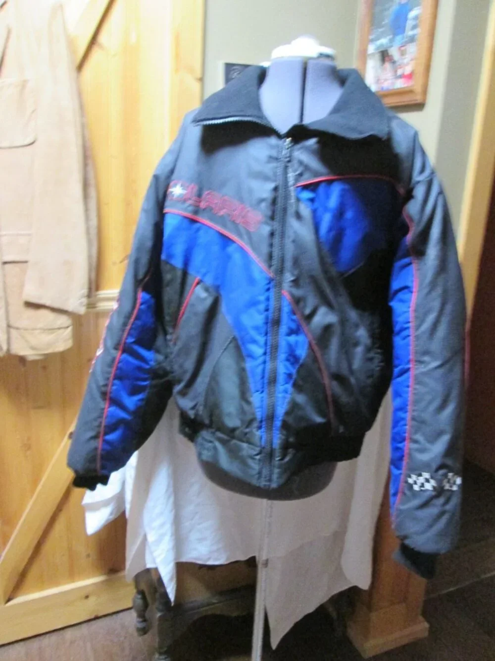 Vtg spellout colorblock Polaris snowmobile Jacket reflective front back sleeve L
